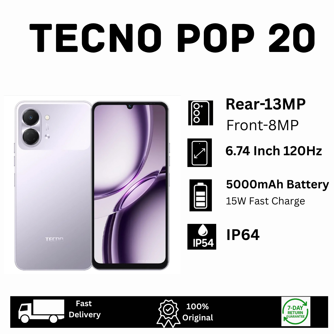 [New Arrival🔥🔥] TECNO Pop 20 128/64GB+8(4+4)GB 6.74" IPS LCD 120Hz Display Dual SIM 13MP Camera 5000mAh Battery 15W Charging Fingerprint Unlock IP64 Rated Smart AI Smartphone Pop 10