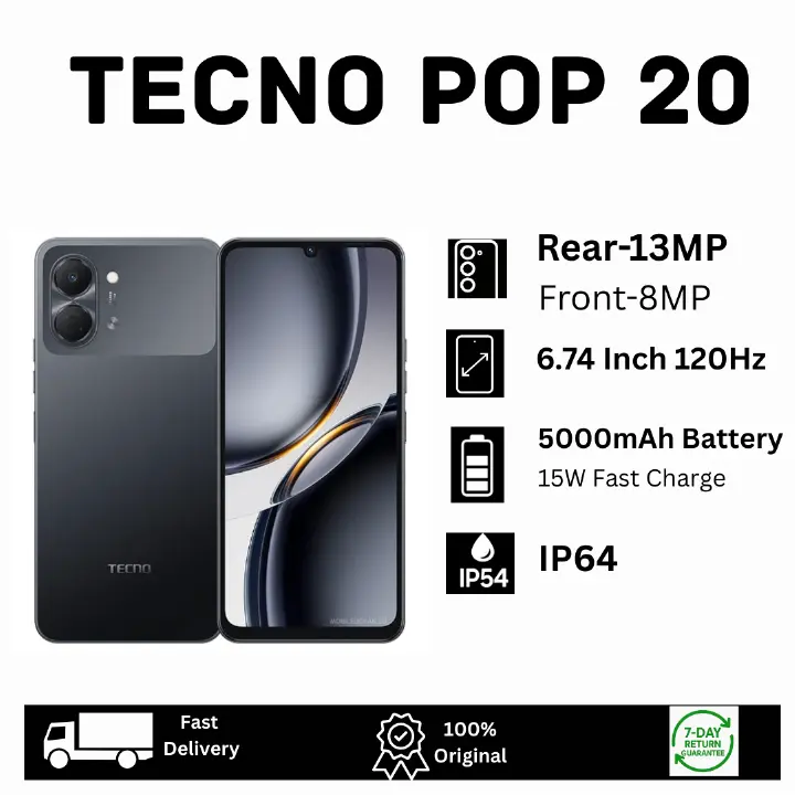 [New Arrival🔥🔥] TECNO Pop 20 128/64GB+8(4+4)GB 6.74" IPS LCD 120Hz Display Dual SIM 13MP Camera 5000mAh Battery 15W Charging Fingerprint Unlock IP64 Rated Smart AI Smartphone Pop 10
