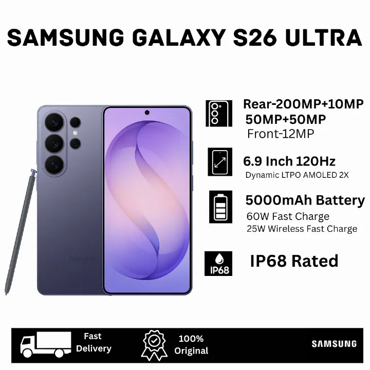 [MEGA DEAL🔥🔥] Samsung Galaxy S26 Ultra 1TB/512/256GB+12/16GB 6.9" Dynamic LTPO AMOLED 2X 120Hz (200+10+50+50)MP Camera 5000mAh Battery 60W Charging Dual SIM/e-SIM IP68 Galaxy AI Smartphone