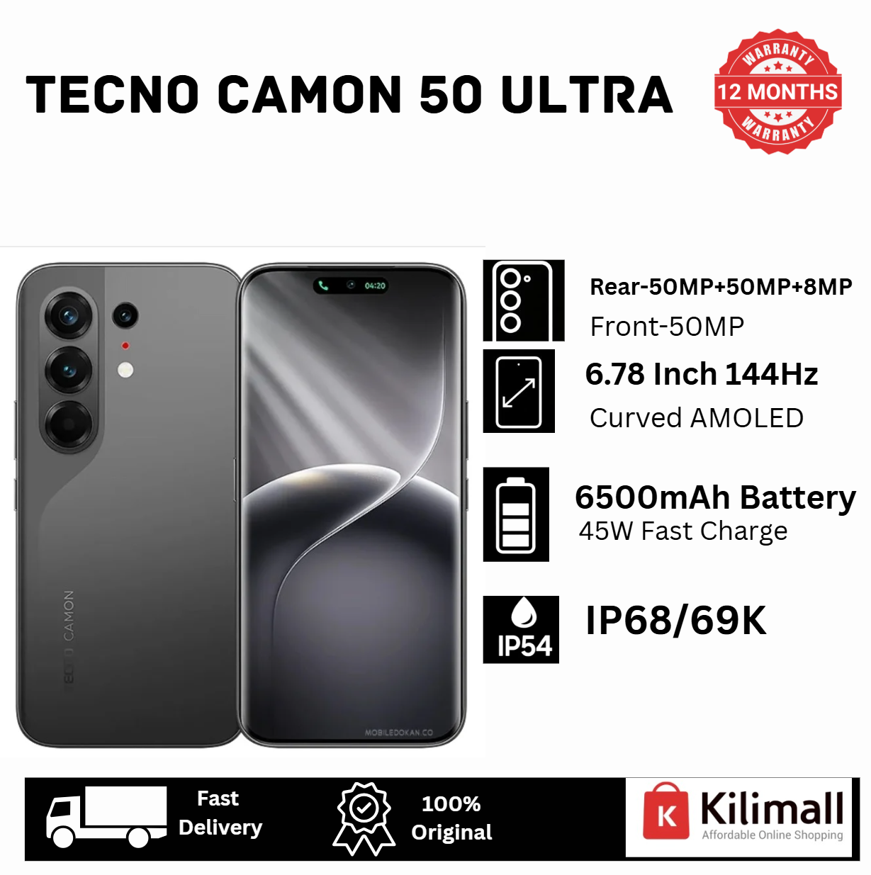 [New Arrival🔥🔥] TECNO Camon 50 Ultra 512GB+12GB Curved Screen On-Screen Fingerprint 6.78" 144Hz AMOLED Display (50+50+8)MP Camera 6500mAh Battery 45W Charging Dual SIM/e-SIM IP68/69K AI Smartphone