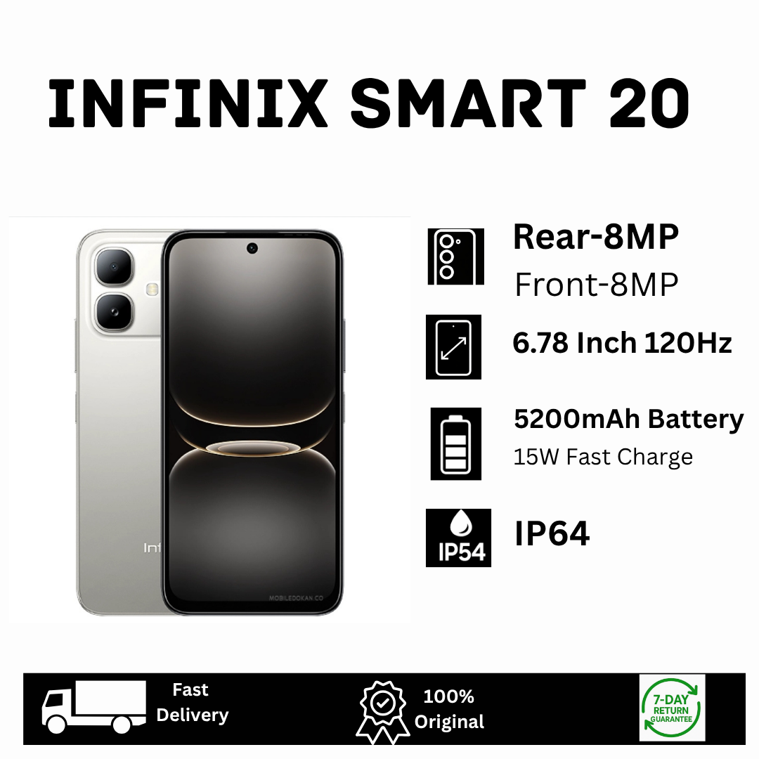 [Special Offer🔥🔥] Infinix Smart 20 128GB+8(4+4)GB 6.78" IPS LCD 120Hz 8MP Camera 5200mAh Battery 15W Charging Dual SIM Fingerprint Unlock IP64 Rated Android 16 MTK Helio G81 Ultimate AI Smartphone