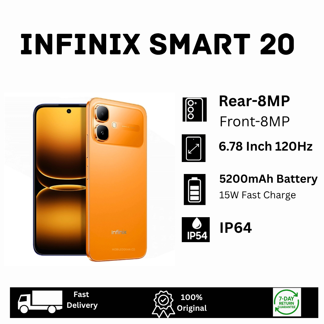 [Special Offer🔥🔥] Infinix Smart 20 128GB+8(4+4)GB 6.78" IPS LCD 120Hz 8MP Camera 5200mAh Battery 15W Charging Dual SIM Fingerprint Unlock IP64 Rated Android 16 MTK Helio G81 Ultimate AI Smartphone