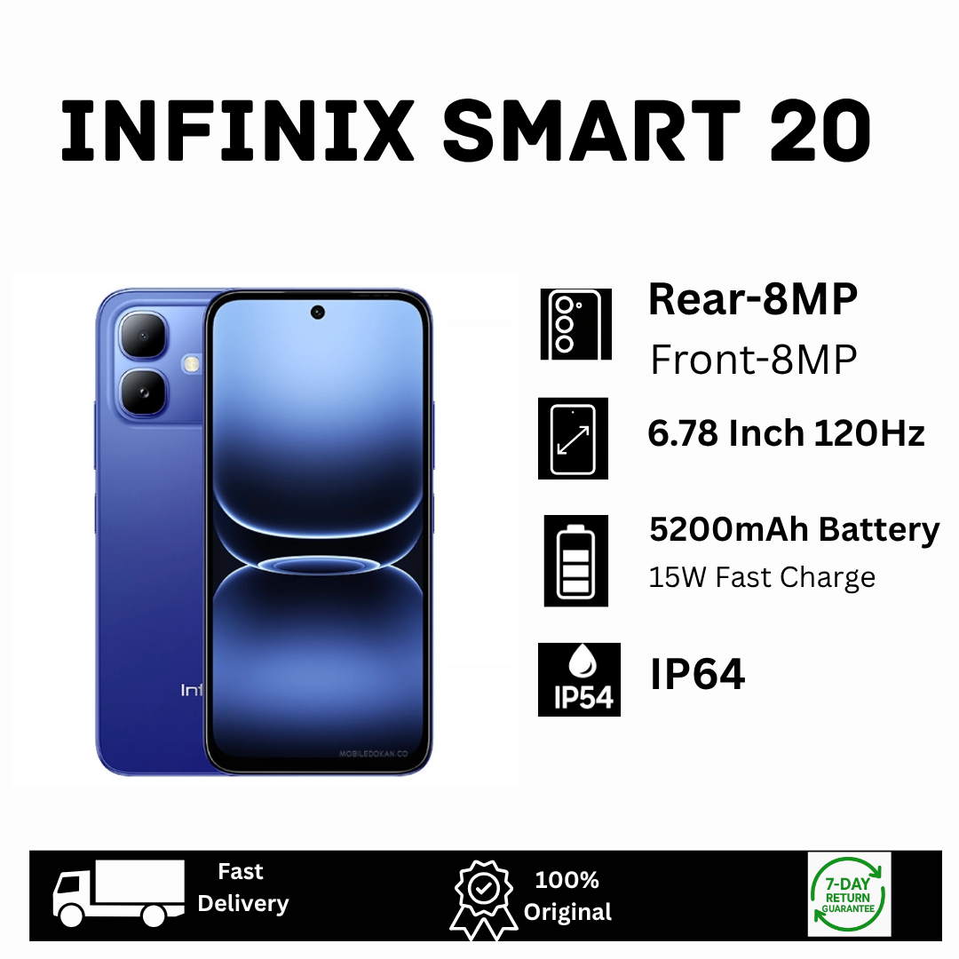 [Special Offer🔥🔥] Infinix Smart 20 128GB+8(4+4)GB 6.78" IPS LCD 120Hz 8MP Camera 5200mAh Battery 15W Charging Dual SIM Fingerprint Unlock IP64 Rated Android 16 MTK Helio G81 Ultimate AI Smartphone