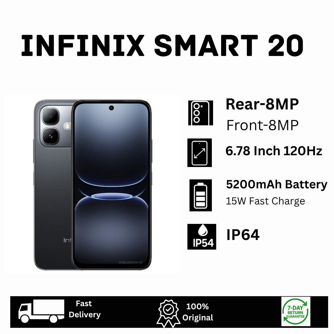 [Special Offer🔥🔥] Infinix Smart 20 128GB+8(4+4)GB 6.78" IPS LCD 120Hz 8MP Camera 5200mAh Battery 15W Charging Dual SIM Fingerprint Unlock IP64 Rated Android 16 MTK Helio G81 Ultimate AI Smartphone