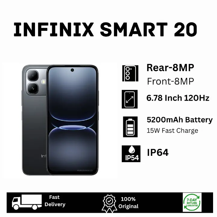 [Special Offer🔥🔥] Infinix Smart 20 128GB+8(4+4)GB 6.78" IPS LCD 120Hz 8MP Camera 5200mAh Battery 15W Charging Dual SIM Fingerprint Unlock IP64 Rated Android 16 MTK Helio G81 Ultimate AI Smartphone