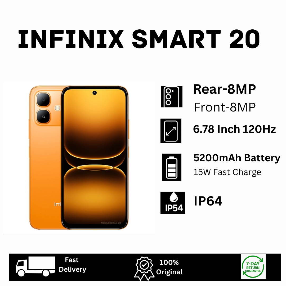 [Special Offer🔥🔥] Infinix Smart 20 128GB+8(4+4)GB 6.78" IPS LCD 120Hz 8MP Camera 5200mAh Battery 15W Charging Dual SIM Fingerprint Unlock IP64 Rated Android 16 MTK Helio G81 Ultimate AI Smartphone