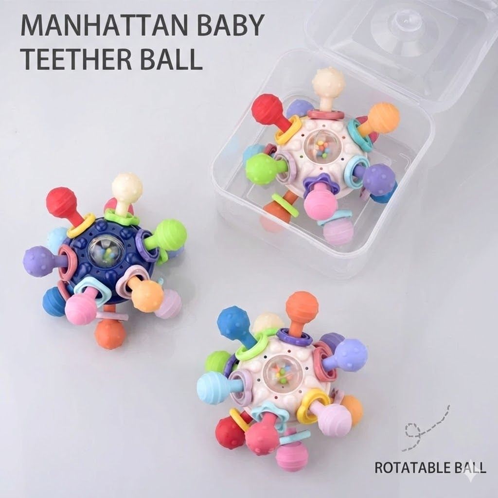 Manhattan Baby Teether Ball - Rotatable Sensory Rattle Toy for Infants, BPA-Free Teething Toy