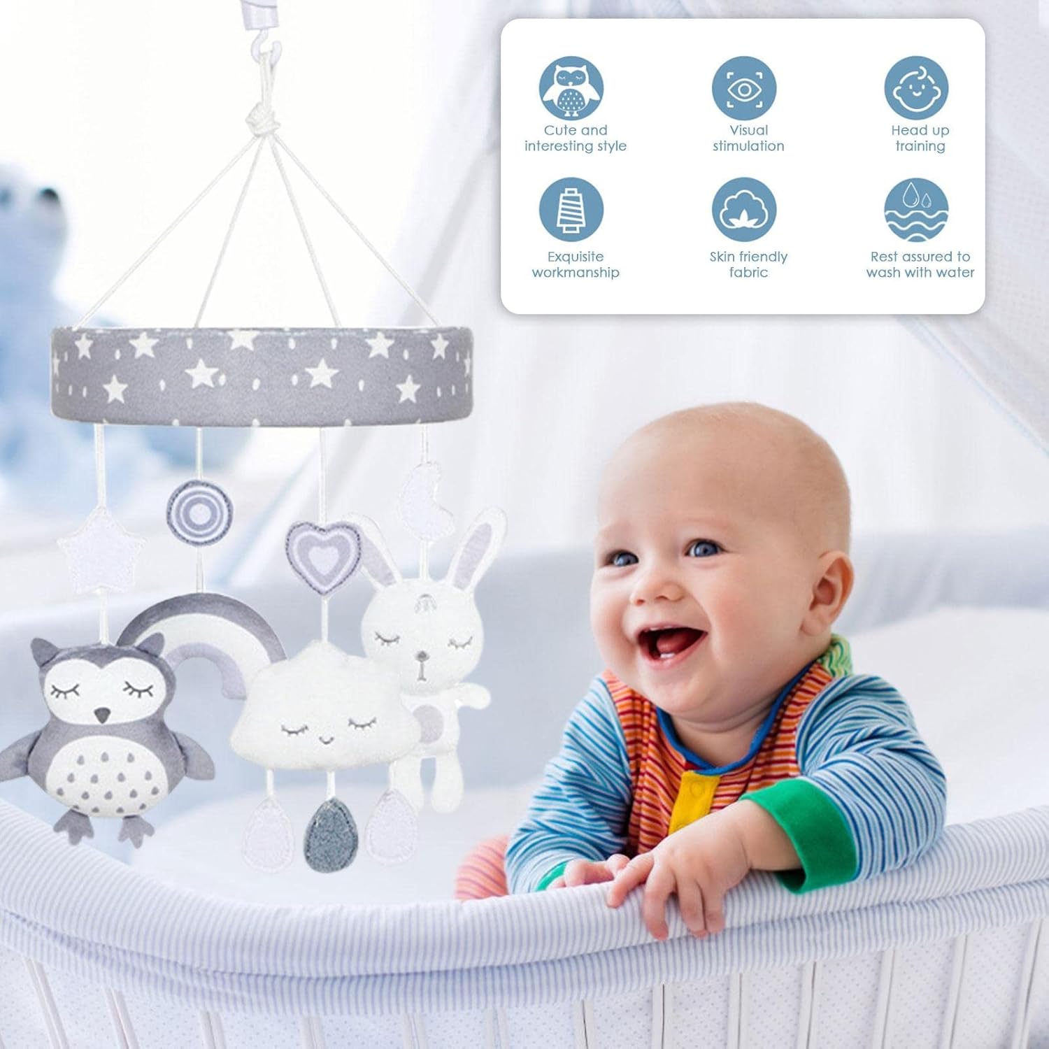 Soft PP Cotton Baby Crib Mobile with Music - 360° Rotating Animal Rattle for Newborn Sensory Development