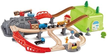 Kids Wooden Train Track Set with Crane & Mountain Tunnel - Educational Railway Playset for Toddlers