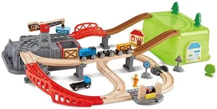Kids Wooden Train Track Set with Crane & Mountain Tunnel - Educational Railway Playset for Toddlers