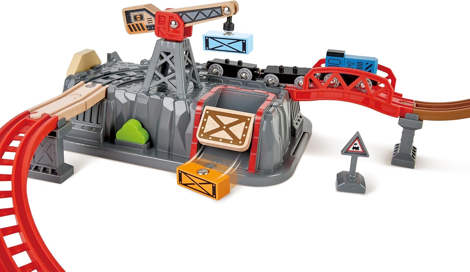 Kids Wooden Train Track Set with Crane & Mountain Tunnel - Educational Railway Playset for Toddlers