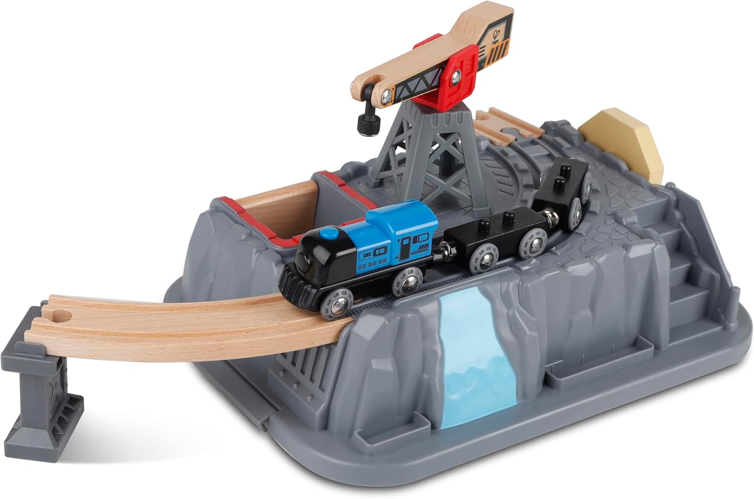 Kids Wooden Train Track Set with Crane & Mountain Tunnel - Educational Railway Playset for Toddlers