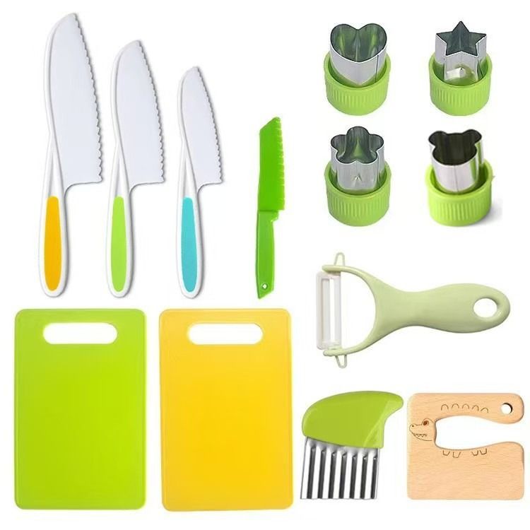 Kids Safe Cooking Set, Toddler Montessori Kitchen Tools with Wooden Knife & Cookie Cutters