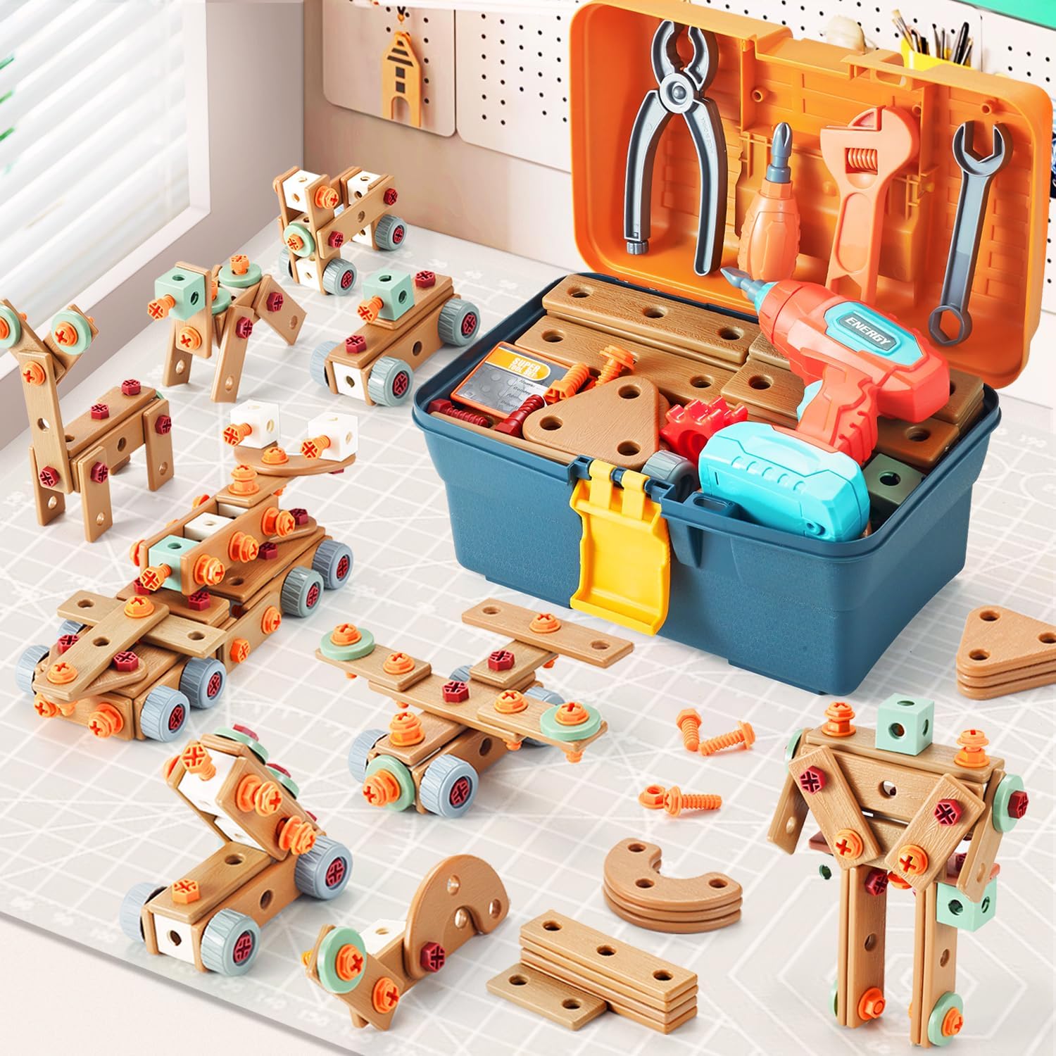 STEM Building Set with Toolbox & Electric Drill, Creative Construction Engineering Toys for Kids' Fine Motor Skills