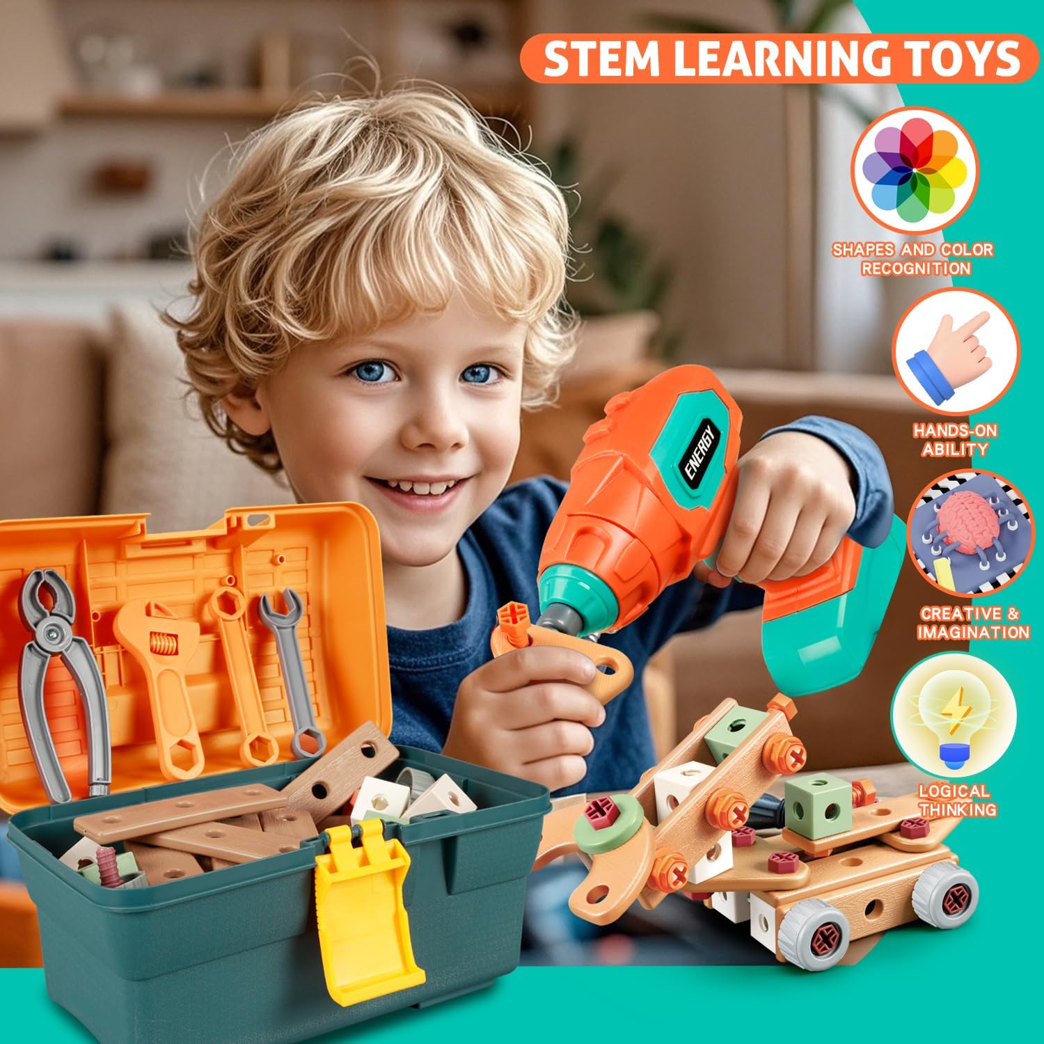 STEM Building Set with Toolbox & Electric Drill, Creative Construction Engineering Toys for Kids' Fine Motor Skills