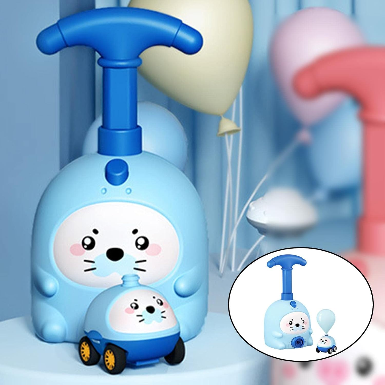 Kids Balloon Powered Car Set Lovely Cartoon Pig Educational Science Toys with Manual Pump Balloon Launcher Car Toy for Child Gift