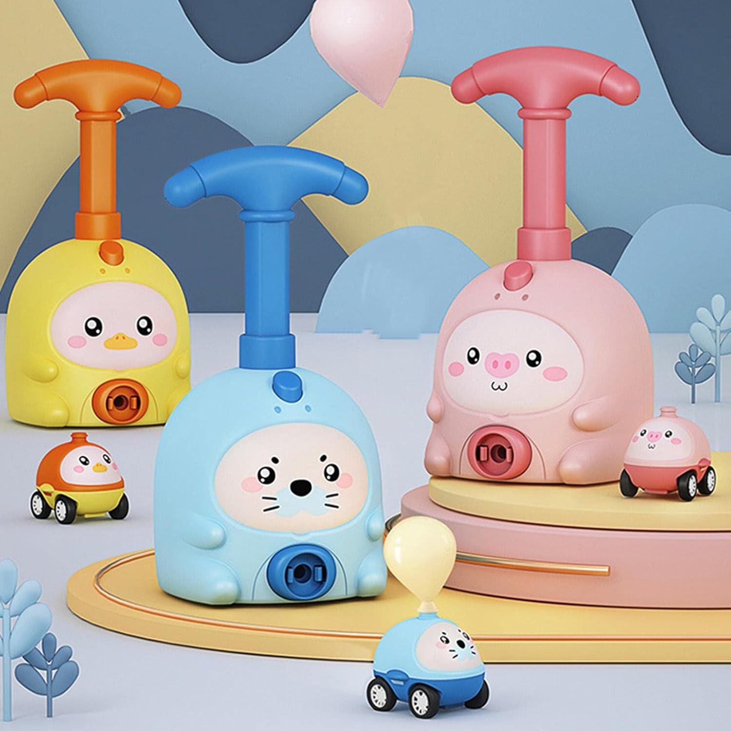 Kids Balloon Powered Car Set Lovely Cartoon Pig Educational Science Toys with Manual Pump Balloon Launcher Car Toy for Child Gift