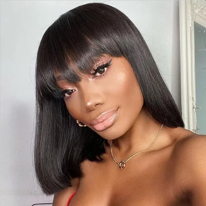 Double Layer Human Hair Bob Wig with Bangs, 100% Real Hair Straight Bob Wig for Black Women Natural Look