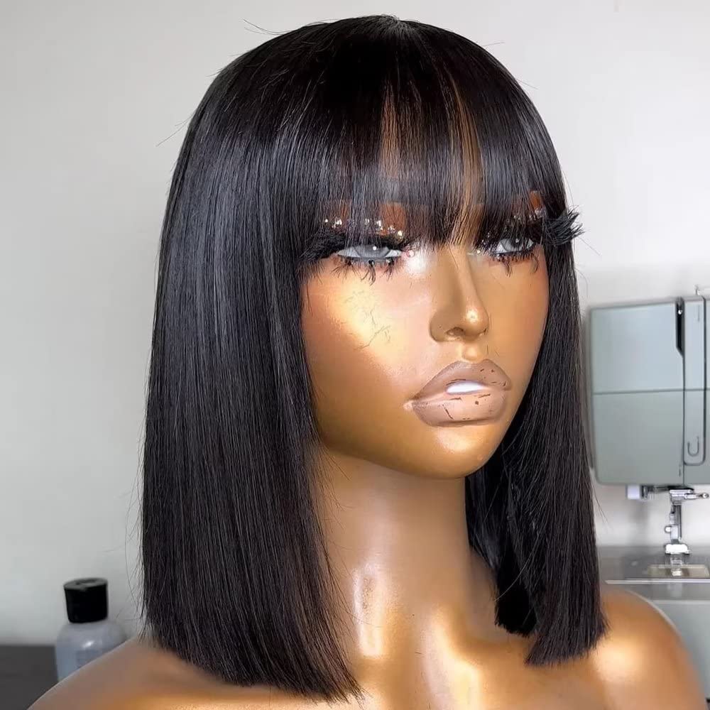 Double Layer Human Hair Bob Wig with Bangs, 100% Real Hair Straight Bob Wig for Black Women Natural Look