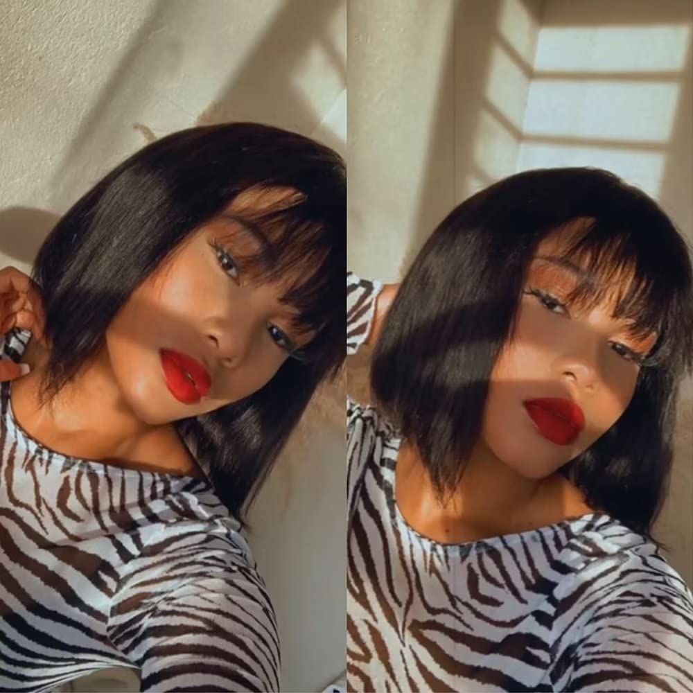 Double Layer Human Hair Bob Wig with Bangs, 100% Real Hair Straight Bob Wig for Black Women Natural Look