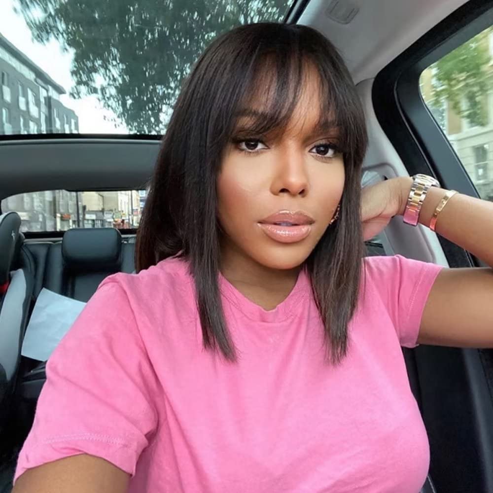 Double Layer Human Hair Bob Wig with Bangs, 100% Real Hair Straight Bob Wig for Black Women Natural Look
