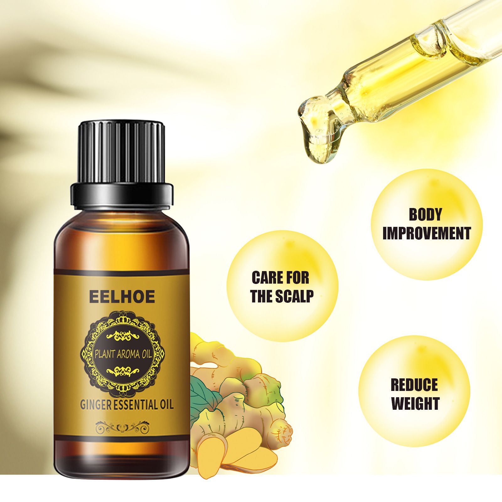 Ginger Essential Oil by EELHOE, Plant Aroma Oil for Scalp Care, Weight Management & Body Improvement