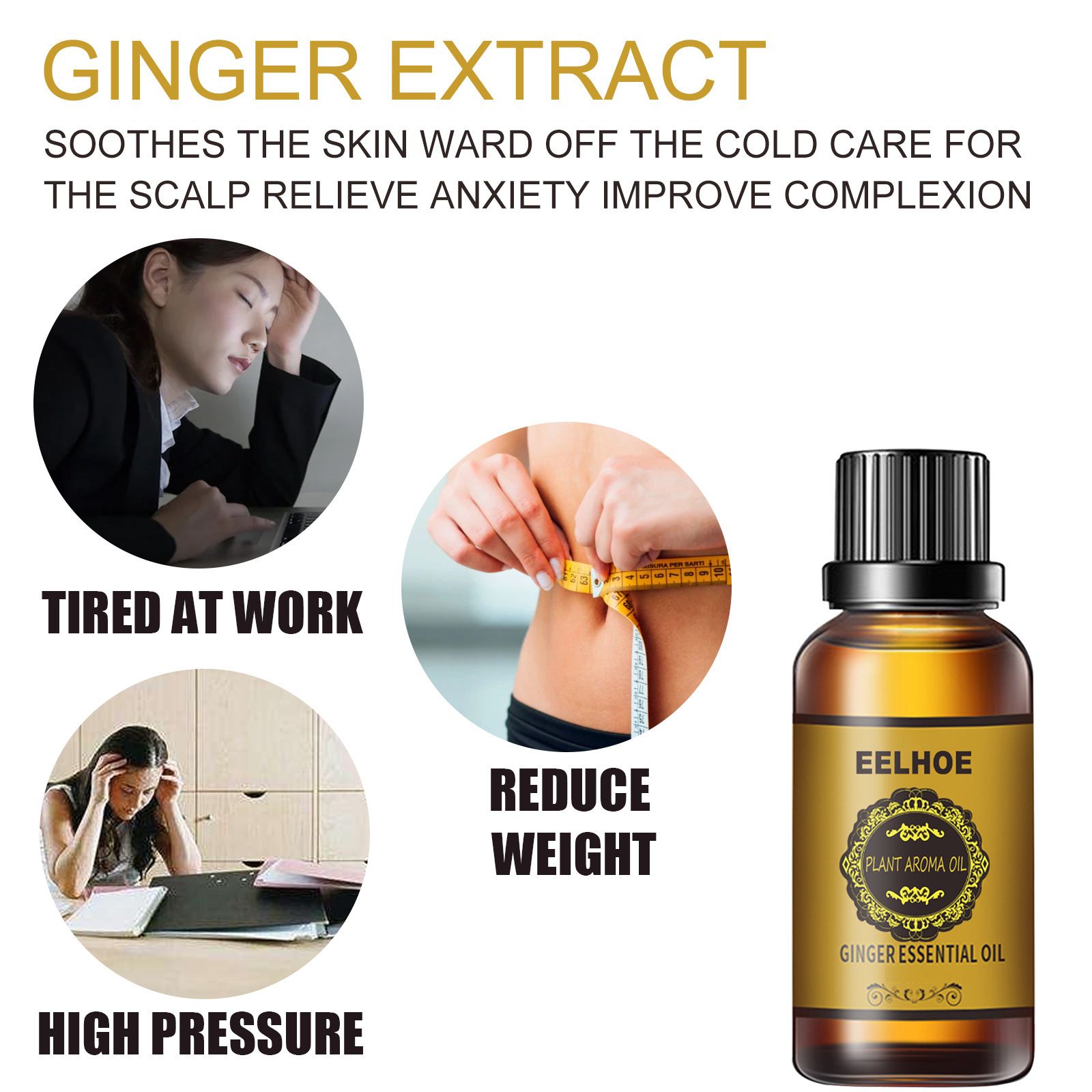 Ginger Essential Oil by EELHOE, Plant Aroma Oil for Scalp Care, Weight Management & Body Improvement