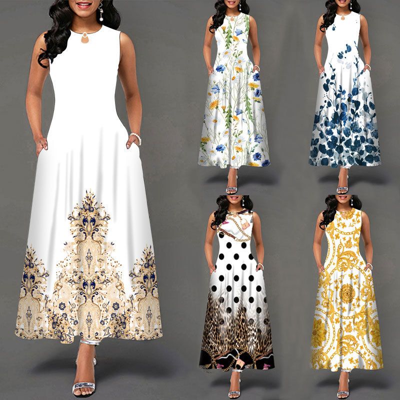 Women's Sleeveless Maxi Dress with Pockets, Floral/Baroque Print Casual Long Dress for Party