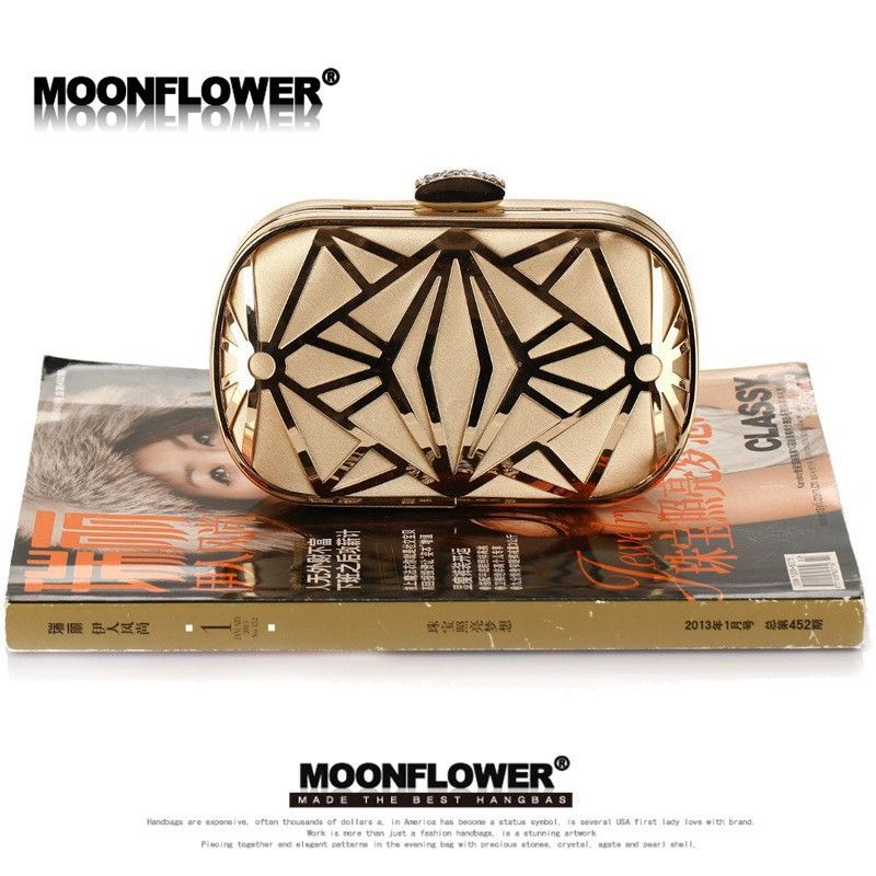 Women's Geometric Clutch Purse, Gold/Black Hard Case Evening Bag with Rhinestone Clasp