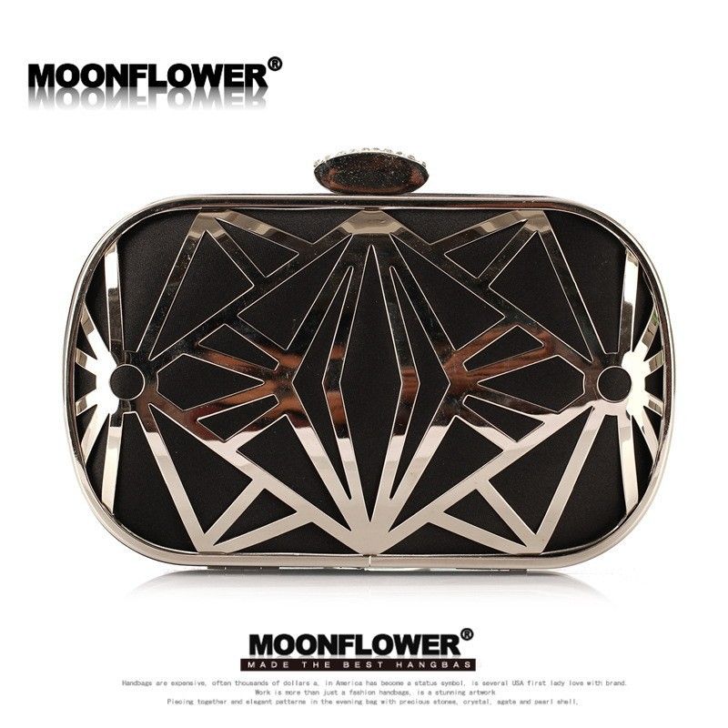 Women's Geometric Clutch Purse, Gold/Black Hard Case Evening Bag with Rhinestone Clasp