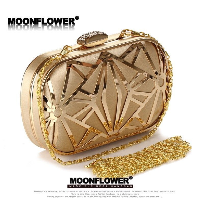 Women's Geometric Clutch Purse, Gold/Black Hard Case Evening Bag with Rhinestone Clasp