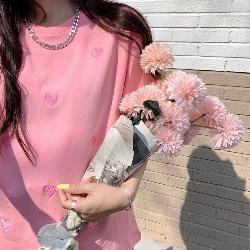 Short-sleeved T-shirt Women's 2023 Summer Dress New Style Round Neck Love Embroidered Loose Korean Top Cross-border Wholesale Blue M