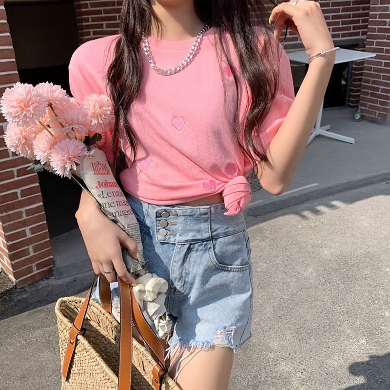 Short-sleeved T-shirt Women's 2023 Summer Dress New Style Round Neck Love Embroidered Loose Korean Top Cross-border Wholesale Blue M