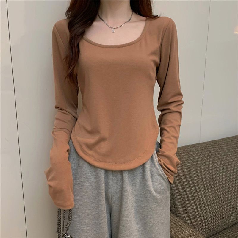 Long sleeved T-shirt women's autumn and winter new trend ins irregular slim fit student casual short top girl base shirt black M