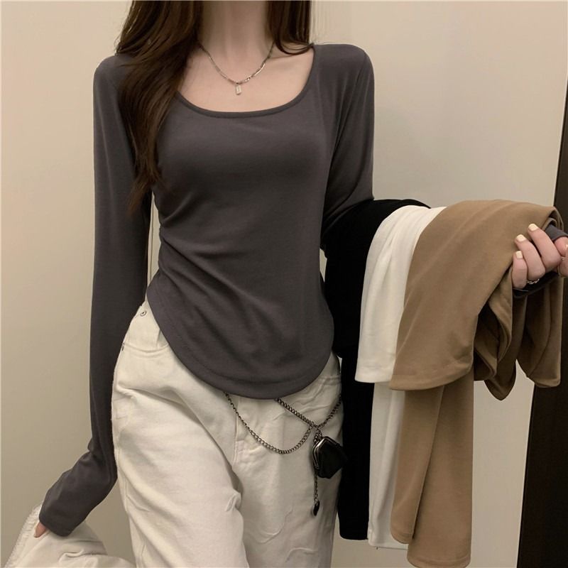 Long sleeved T-shirt women's autumn and winter new trend ins irregular slim fit student casual short top girl base shirt black M