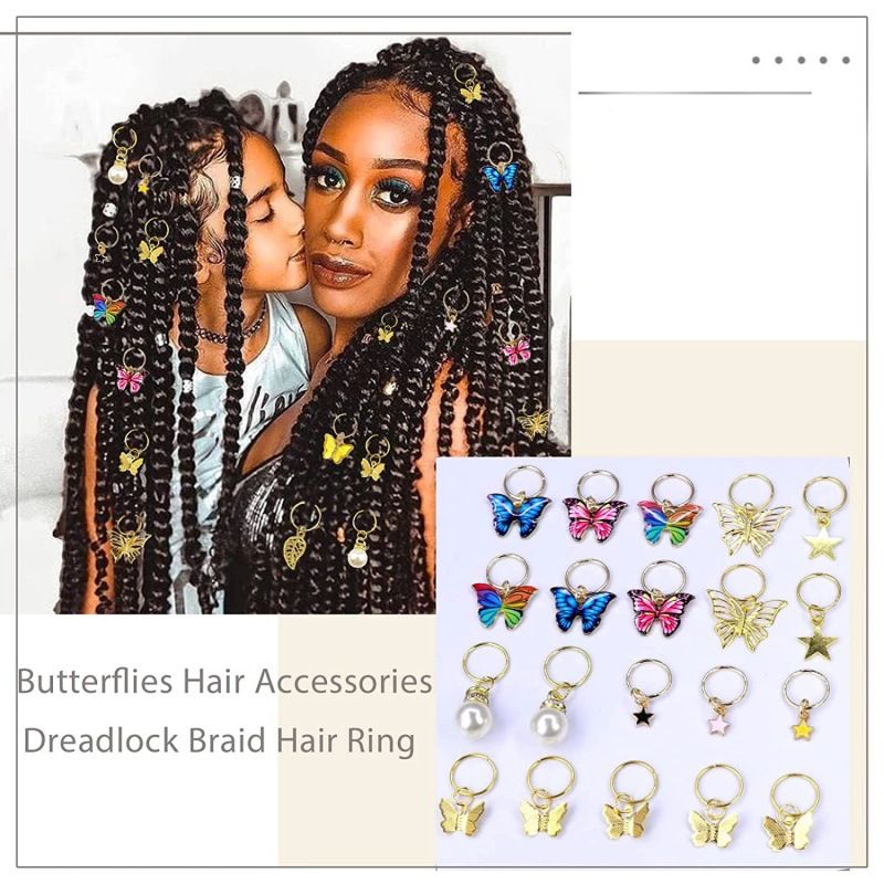 20 pieces of golden butterfly crystal long hair lock color pendant pearl hair accessory star woven clip cuffs European and American style Dirty Braid Set AS PICTURE
