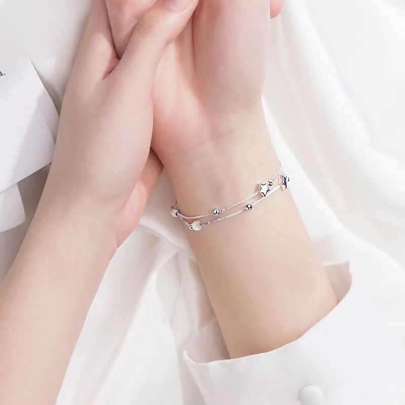 925 Silver Plated Small Star Bracelet for Women, Korean Edition, Fashionable Double layered Pentagram Jewelry, Simple, Sweet, and Fresh for Best Friends Style_1 AS PICTURE
