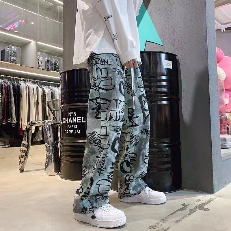 Design Sensational Street Pants Men's Trendy Brand Ins Korean Edition Trendy Loose Straight Tube Rascal Handsome Printed High Street Casual Pants A108 Green L