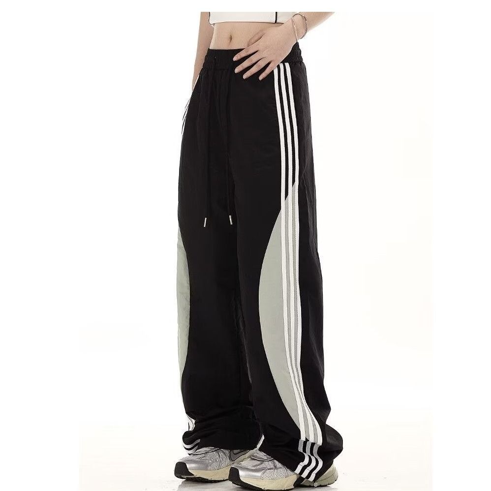 Striped pants men's autumn and winter Hong Kong style sports straight leg pants trendy brand plus size loose men's casual pants men's Pants 30 Black L