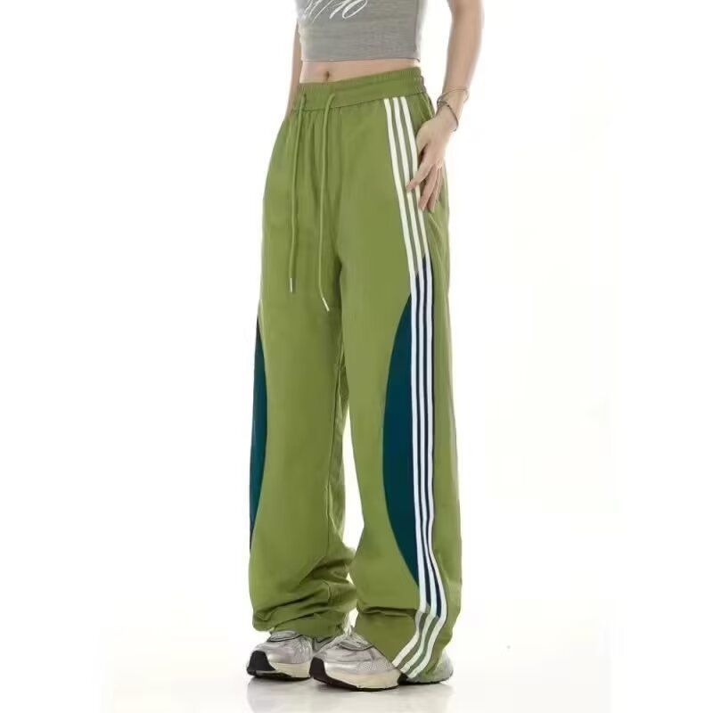 Striped pants men's autumn and winter Hong Kong style sports straight leg pants trendy brand plus size loose men's casual pants men's Pants 30 Black L