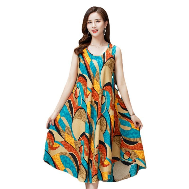Large-size cotton poplin vest dress summer new ethnic style women's clothing literary retro print sleeveless flare maxi dress