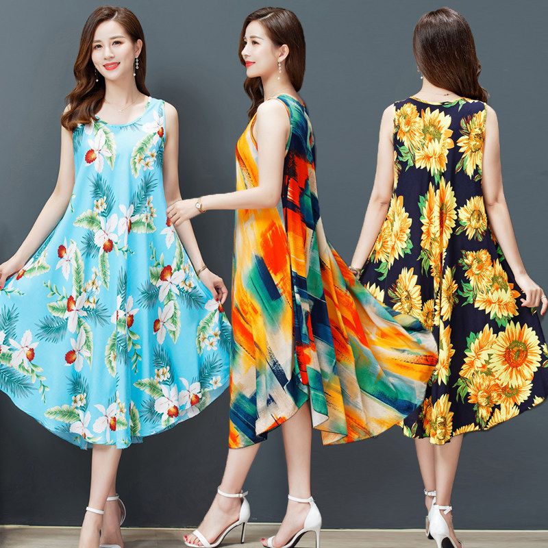 Large-size cotton poplin vest dress summer new ethnic style women's clothing literary retro print sleeveless flare maxi dress