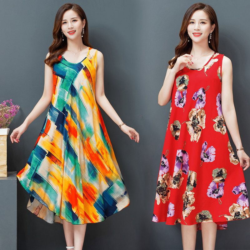 Large-size cotton poplin vest dress summer new ethnic style women's clothing literary retro print sleeveless flare maxi dress