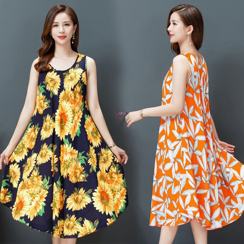 Large-size cotton poplin vest dress summer new ethnic style women's clothing literary retro print sleeveless flare maxi dress