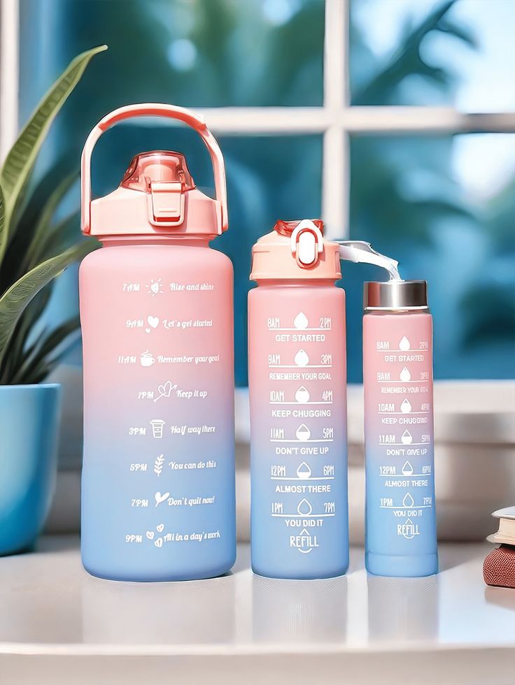 3 In 1 Set Water Bottle Cup Set Large Capacity Sports Motivational Bottle, Outdoor Travel & Gym Fitness Comes With a Straw