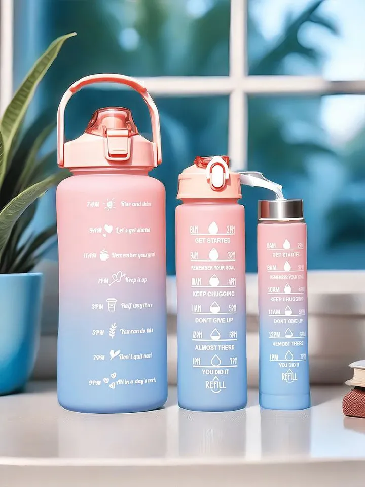 3 In 1 Set Water Bottle Cup Set Large Capacity Sports Motivational Bottle, Outdoor Travel & Gym Fitness Comes With a Straw