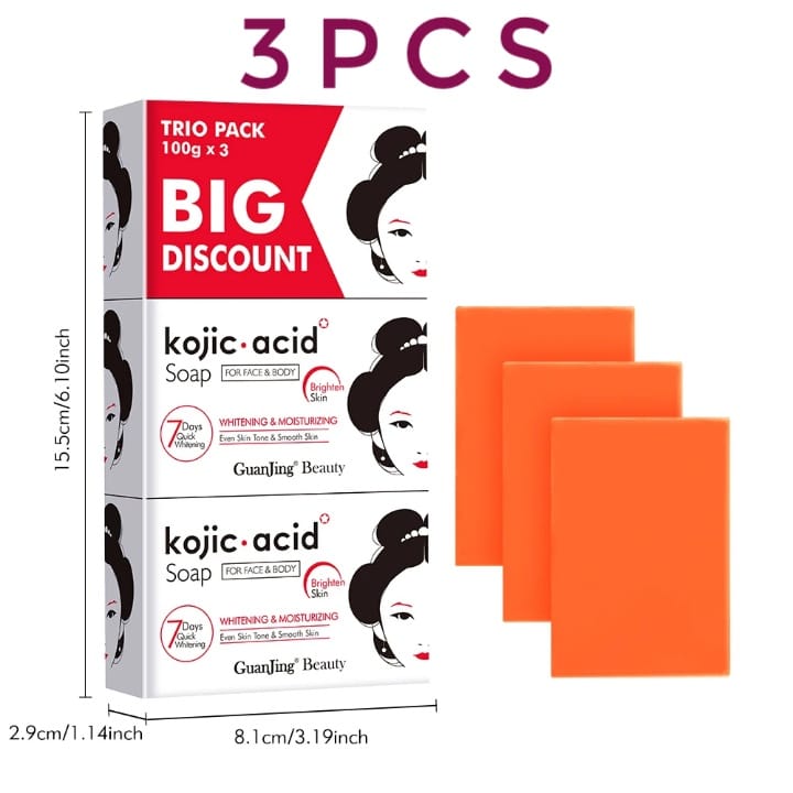 KOJIC SOAP 3 Pieces Improves Acne Prone Skin Dark Cleansing Brightens Skin Can Be Used On Face and Body