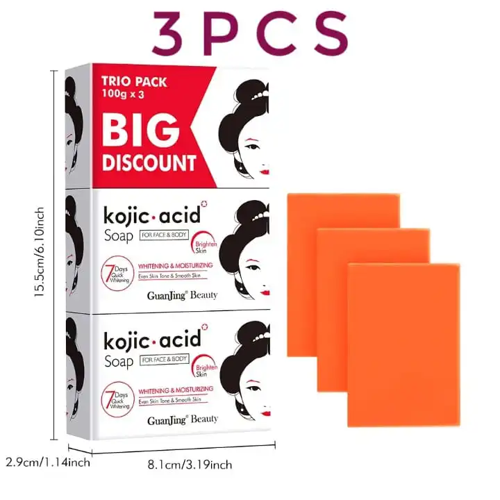 KOJIC SOAP 3 Pieces Improves Acne Prone Skin Dark Cleansing Brightens Skin Can Be Used On Face and Body