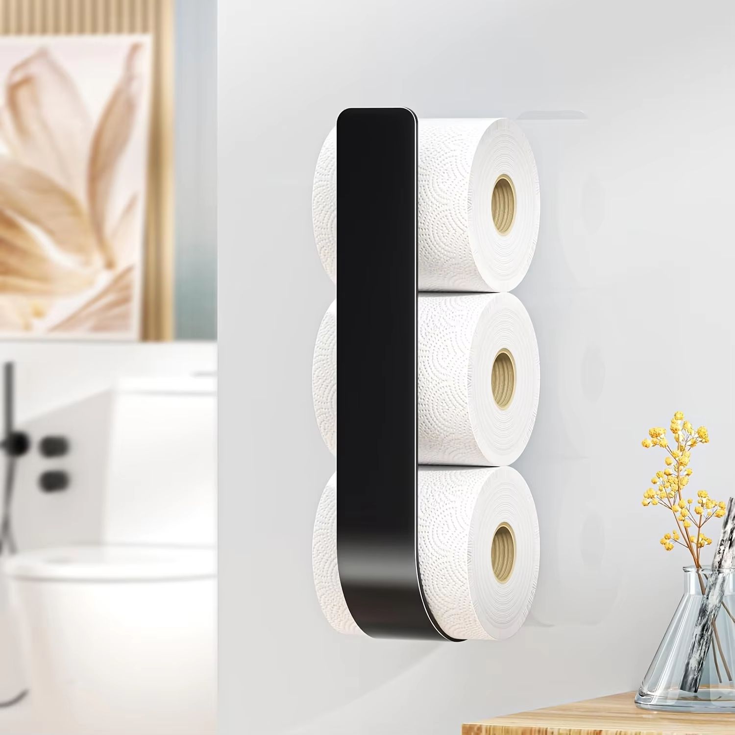 Wall-mounted toilet paper rack, black metal, space-saving design, suitable for bathrooms and kitchens, durable metal rack