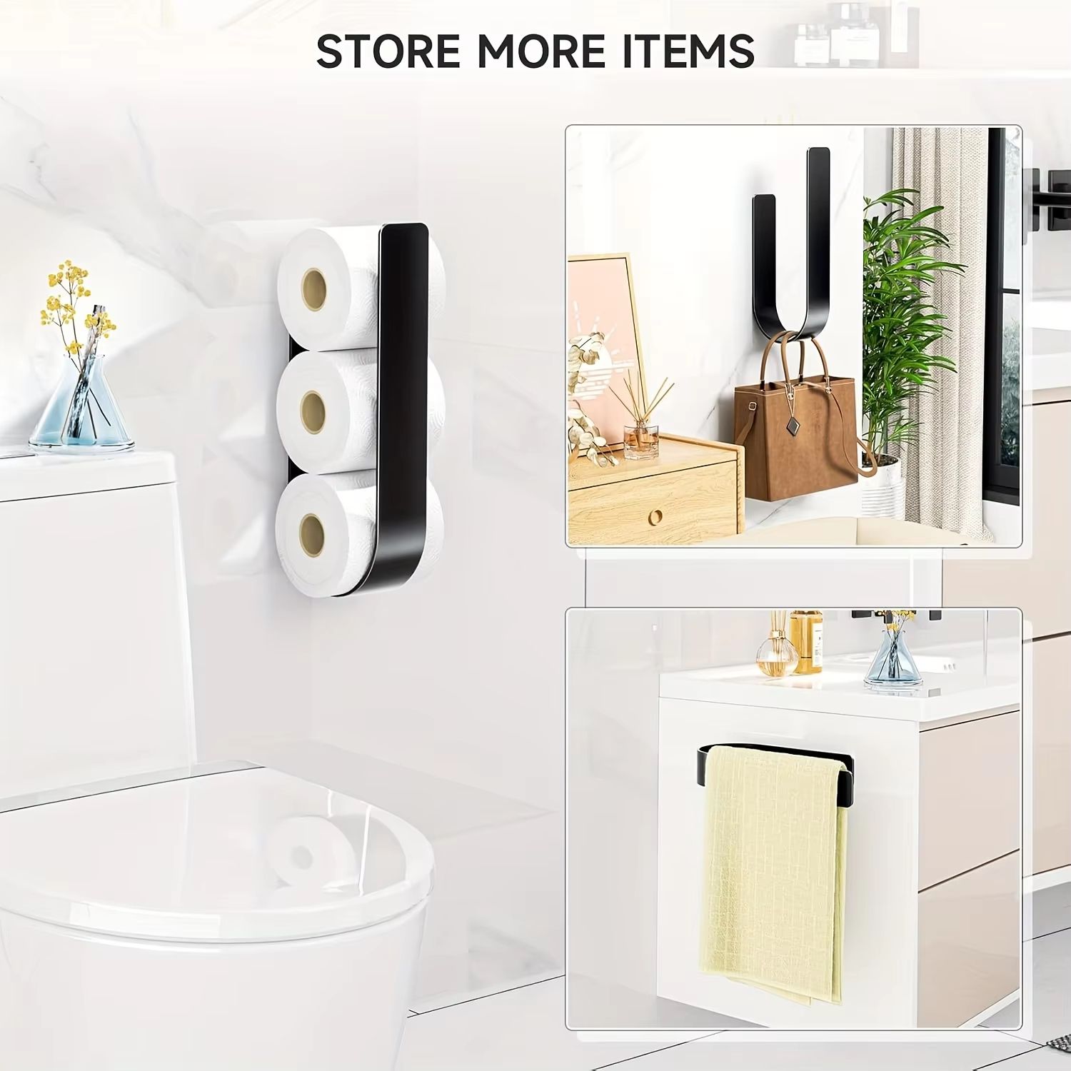 Wall-mounted toilet paper rack, black metal, space-saving design, suitable for bathrooms and kitchens, durable metal rack